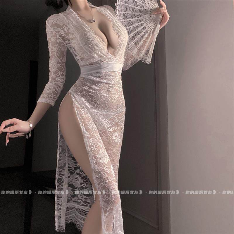 喵性感蕾丝花边长款深V旗袍复古风侧开叉古风睡裙纯欲透明睡衣