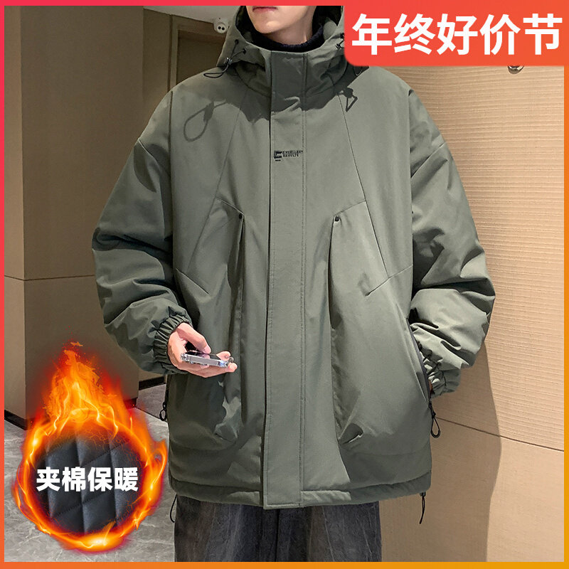 秋冬款夹克男连帽宽松休闲潮流工装风高中生男生冬季防风夹棉外套