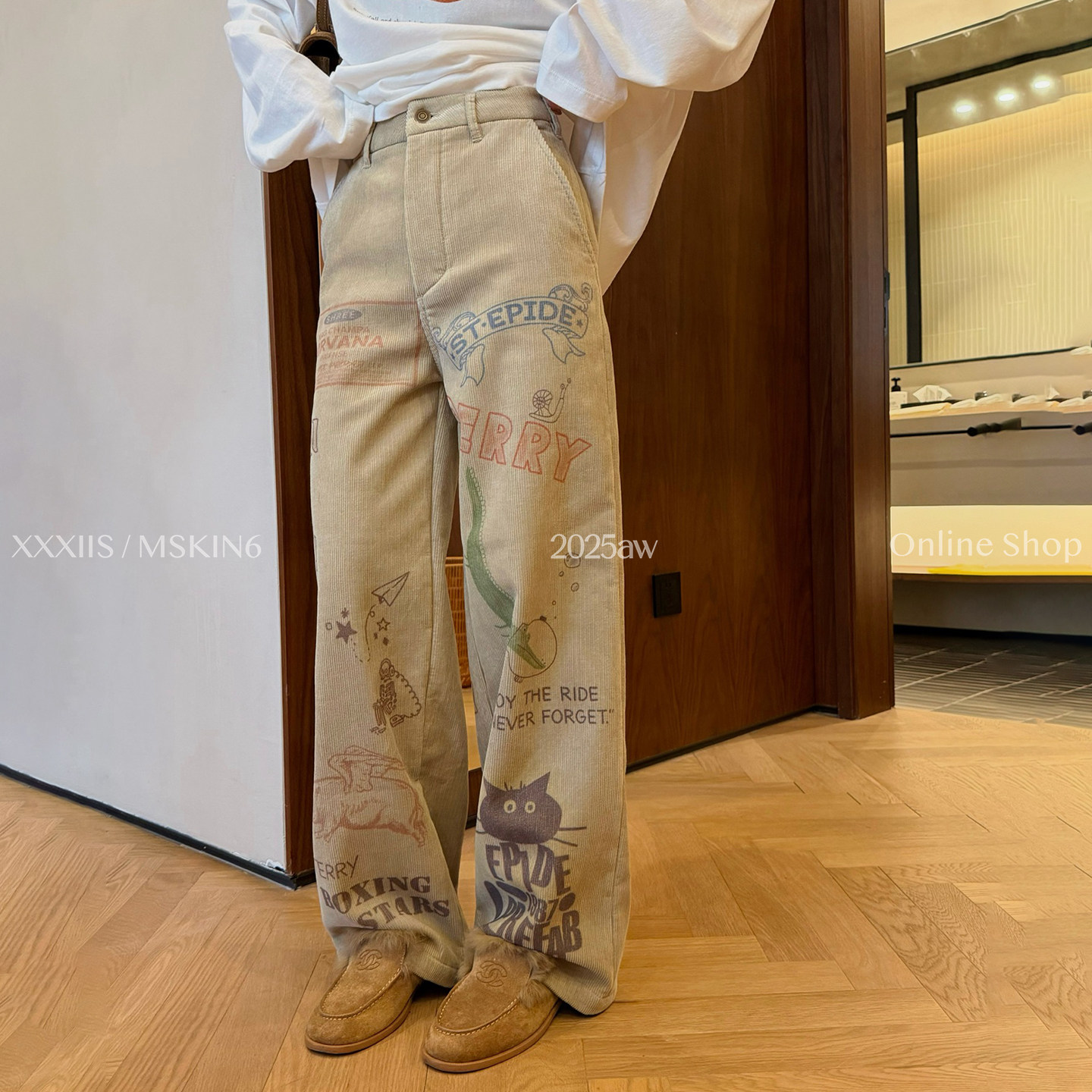 MSKIN6冬季涂鸦灯芯绒加绒休闲裤女加厚阔腿直筒显瘦高级卡其色
