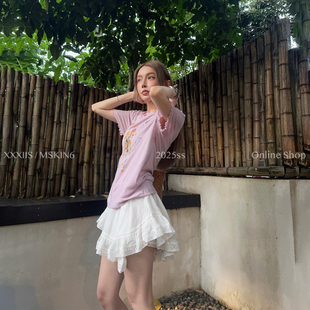 MSKIN6天丝羊毛印花短袖T恤女夏木耳边宽松显瘦度假风遮肉透气