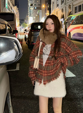 MSKIN6早春新款撞色格子衬衫女复古绿宽松棉磨毛面料休闲百搭