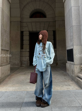 MSKIN6春夏新款牛仔拼接撞色弯刀裤女高腰直筒显瘦百搭复古长裤