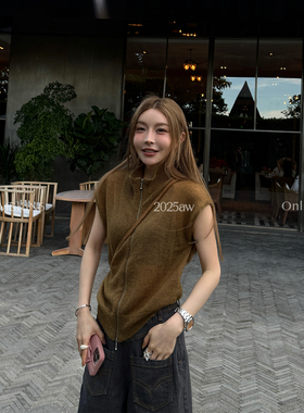 MSKIN6毛织坎袖上衣女早秋双头拉链显锁骨通勤多穿法软糯亲肤