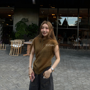 MSKIN6毛织坎袖上衣女早秋双头拉链显锁骨通勤多穿法软糯亲肤