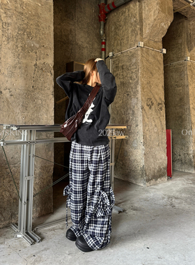 MSKIN6格子纹裤女秋冬新款高腰阔腿直筒显瘦棉质两侧大口袋慵懒