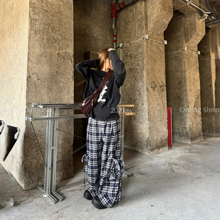 MSKIN6格子纹裤女秋冬新款高腰阔腿直筒显瘦棉质两侧大口袋慵懒