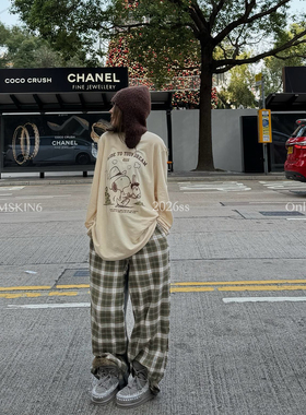 MSKIN6春夏新款撞色拼接直筒裤女高腰阔腿显瘦绿白格纹复古百搭