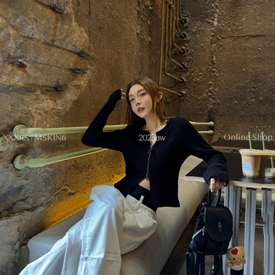 新款精棉弹力开衫女双头拉链百搭