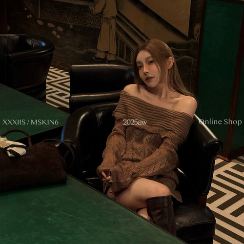 秋冬一字肩毛衣女抽绳纯欲风羊毛