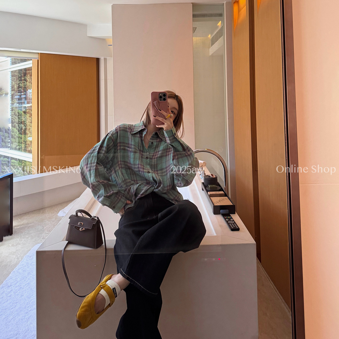 亚麻衬衫女复古绿棕格纹宽松长袖