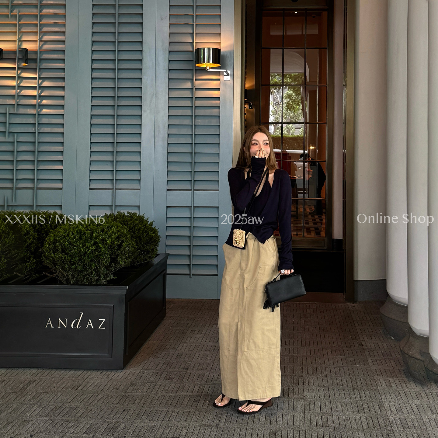 MSKIN6早秋卡其松紧腰前开叉半身裙女高腰显瘦H版棉质小个子通勤