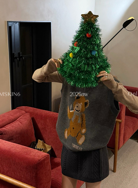 MSKIN6羊毛小熊针织背心女秋冬新款V领短款叠穿圣诞内搭可爱