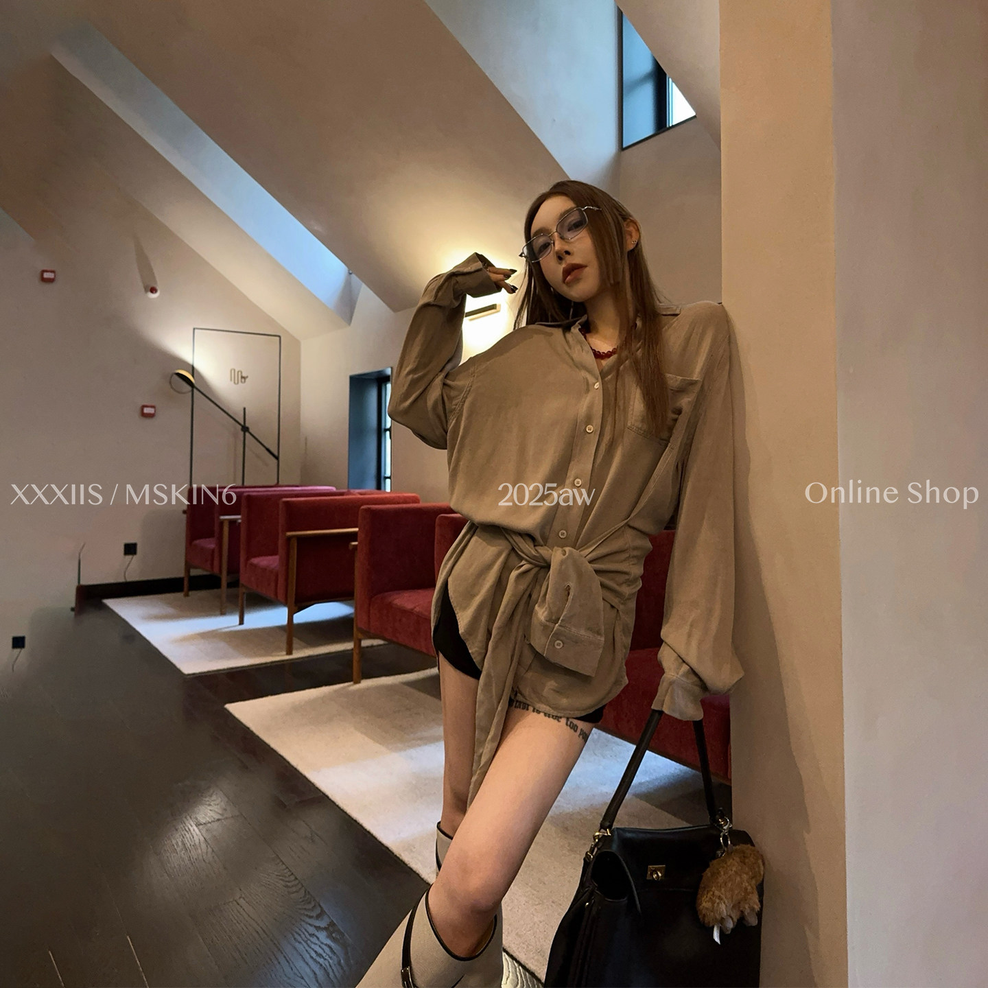 系腰人棉衬衫女宽松显瘦慵懒风