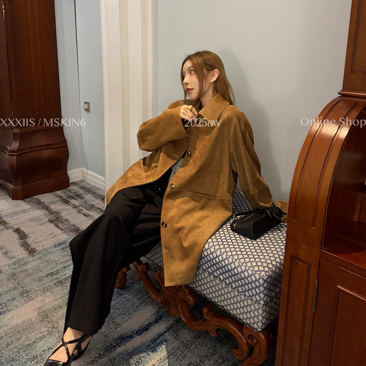 羊皮外套女宽松复古排扣翻领