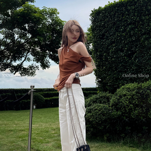 MSKIN6夏季斜肩短袖T恤女不对称纽结褶皱纯欲风显瘦聚酯纤维百搭