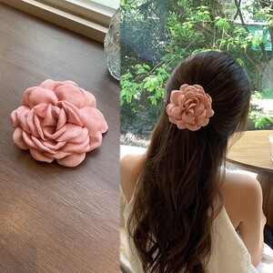 粉色山茶花朵半扎发头饰女款高级
