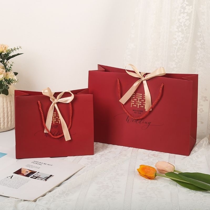 结婚手提袋红色婚礼纸袋订婚礼物喜袋礼品袋四件套包装袋衣服袋子