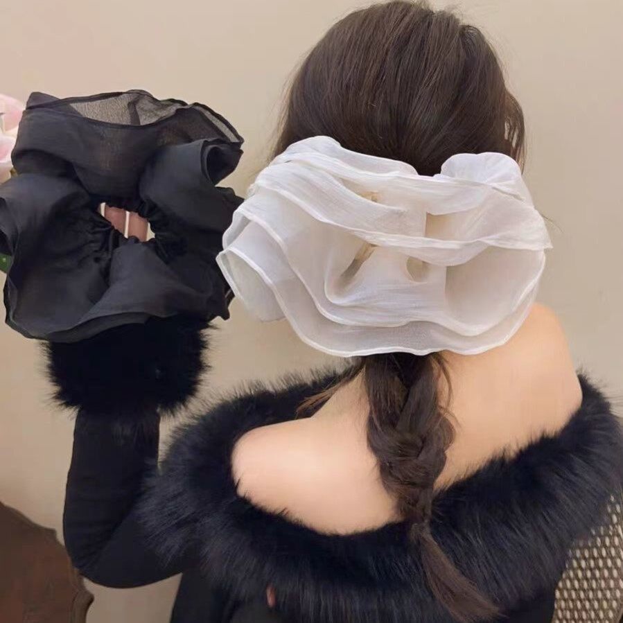 白色网纱褶皱发圈女今年流行漂亮