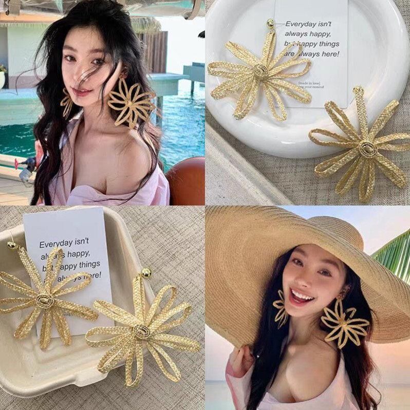 海岛度假！易梦玲同款草编花朵耳环女夸张耳饰度假风海边配饰耳钉