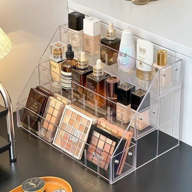 化妆品收纳盒桌面亚克力阶梯展示架梳妆台护肤品眼影盘香水置物架