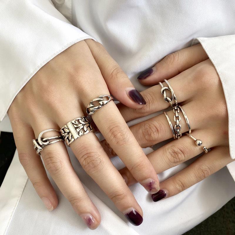 日韩复古叠戴组合戒指女925银ins个性简约嘻哈蹦迪开口食指环潮