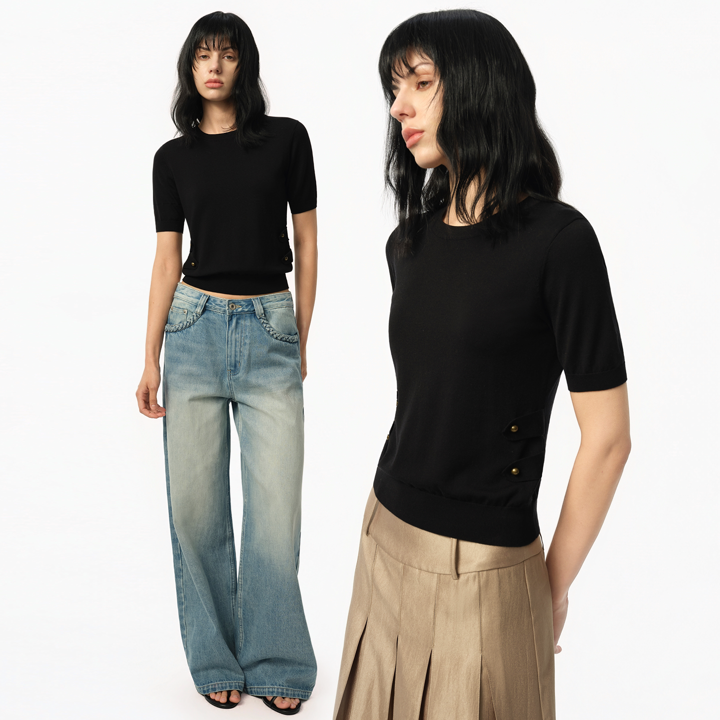 INTERRIS天丝基础款针织圆领金属扣休闲短袖T恤