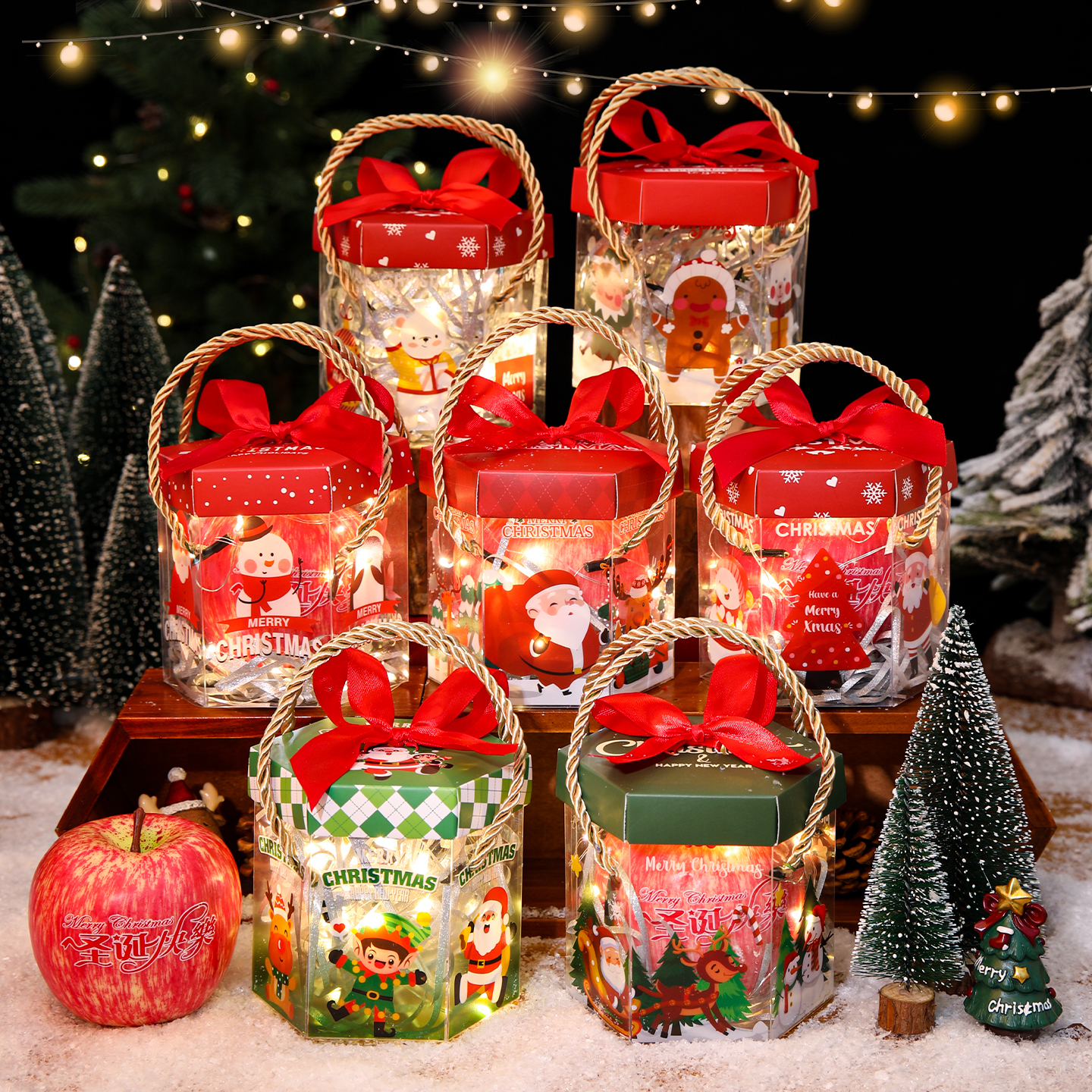 圣诞节苹果盒平安夜礼盒平安果包装盒PVC手提盒小礼品礼物空盒子