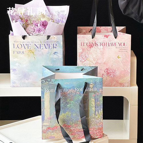 油画风花束鲜花包装礼品手提袋子