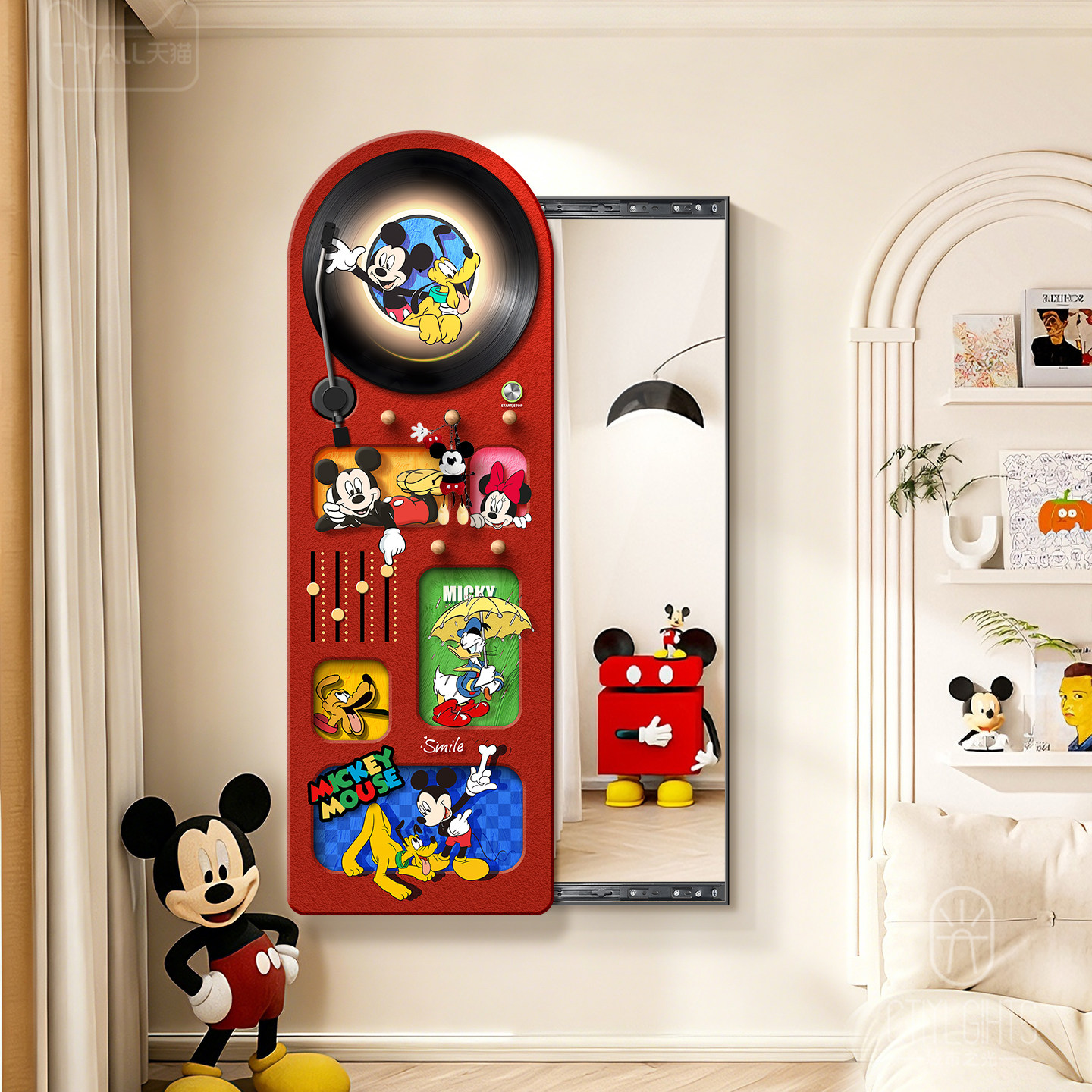 多巴胺米奇玄关镜子装饰画洞洞板遮挡隐藏式穿衣镜隐形推拉全身镜