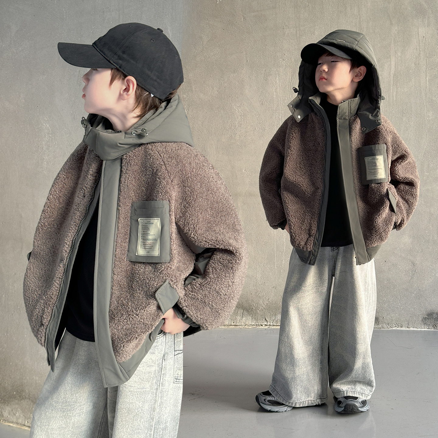 壹贝优男童羊羔绒拼接棉服