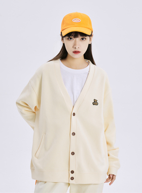 DRINTO小熊刺绣v领开衫针织衫男女情侣宽松休闲外套春夏秋学院风