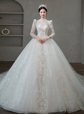 婚纱2025新娘主婚纱冬季长袖出门纱法式重工蕾丝宫廷风迎宾仪式纱