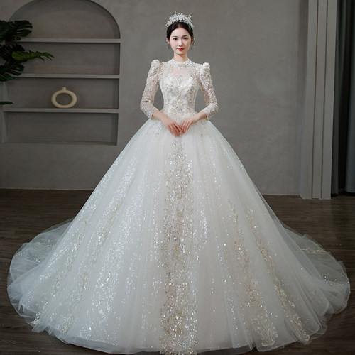 新娘婚纱长袖遮手臂主婚纱重工