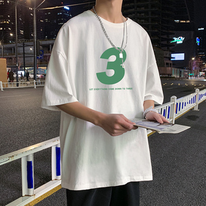22夏季港风男士百搭休闲复古印花潮大码宽松圆领短袖T恤T6608-P15图片