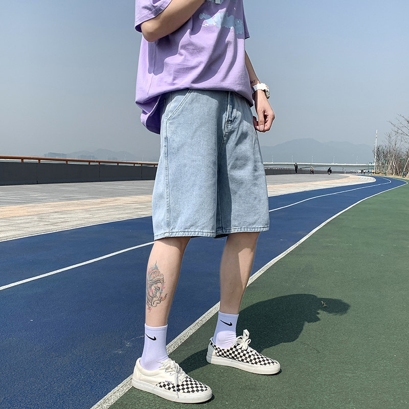 夏季港风新品宽松直筒休闲潮多标设计中性牛仔五分短裤D25-P35,男装牛仔裤,星座815-2