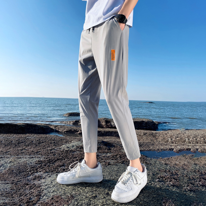 Summer ice silk solid drawstring casual pants men's Capris loose pants small leg sports pants