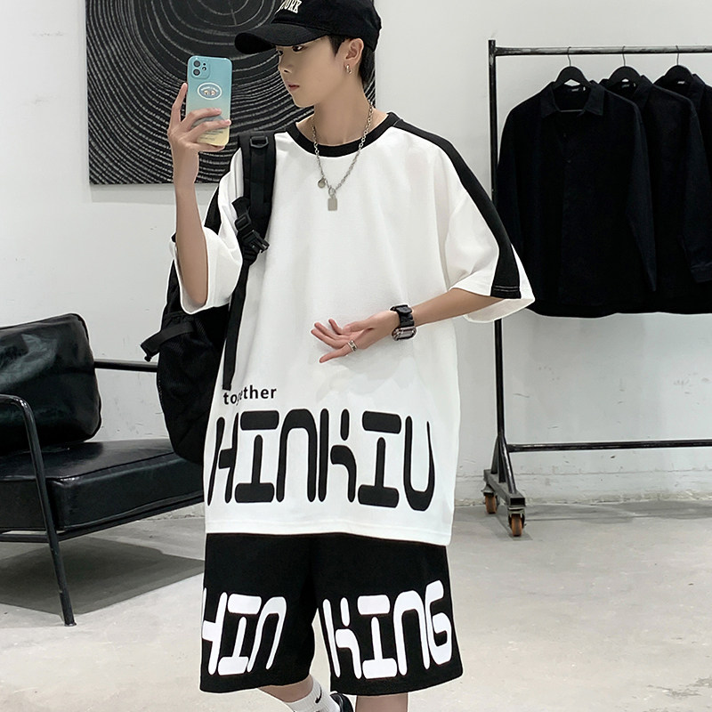 2023夏季华夫格运动套装男韩版港风潮流短袖T恤学生帅气TZ610-P38,男装休闲套装,星座815-2