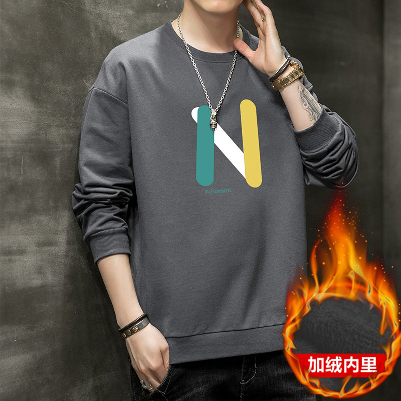 跑量加绒卫衣男21秋季打底上衣潮学生T恤时尚百搭长袖W073JR-P20图片
