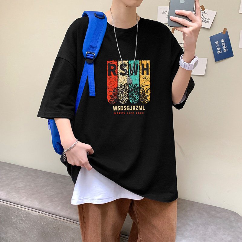 22夏季港风男士百搭休闲复古印花潮大码宽松圆领短袖T恤T6611-P15,男装T恤,星座815-2