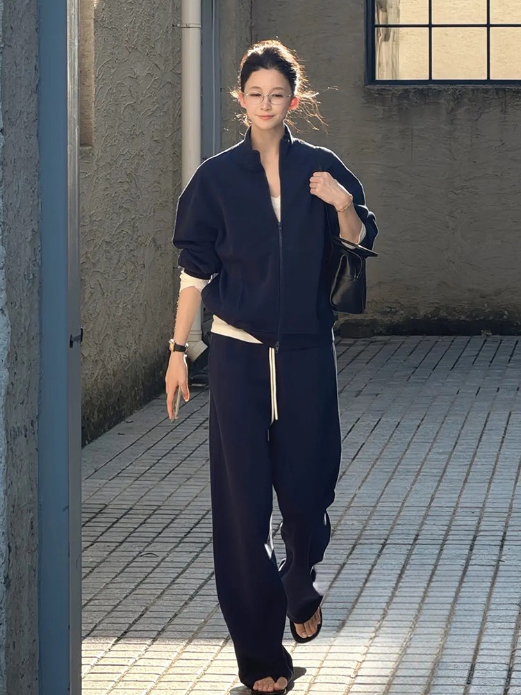 潮牌运动服套装女2025春秋季欧货休闲显瘦小香风蓝色卫衣两件套装