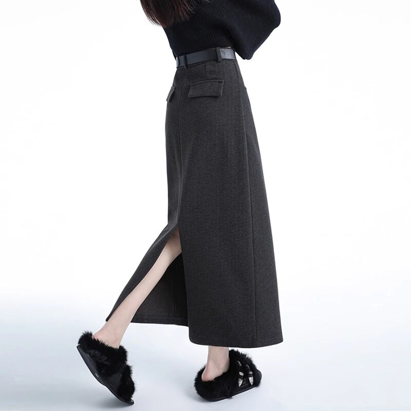 潮牌毛呢半身裙女2025秋冬新款高腰显瘦开叉中长款一步包臀直筒裙