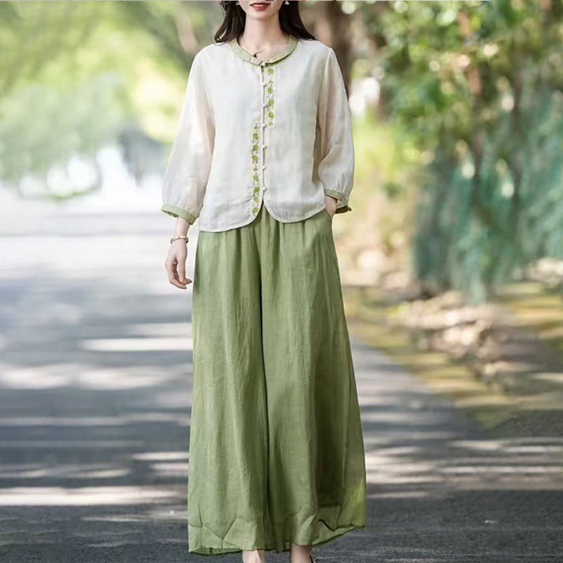 潮牌新中式国风棉麻夏季套装女士八分袖衬衫休闲阔腿裤亚麻两件套