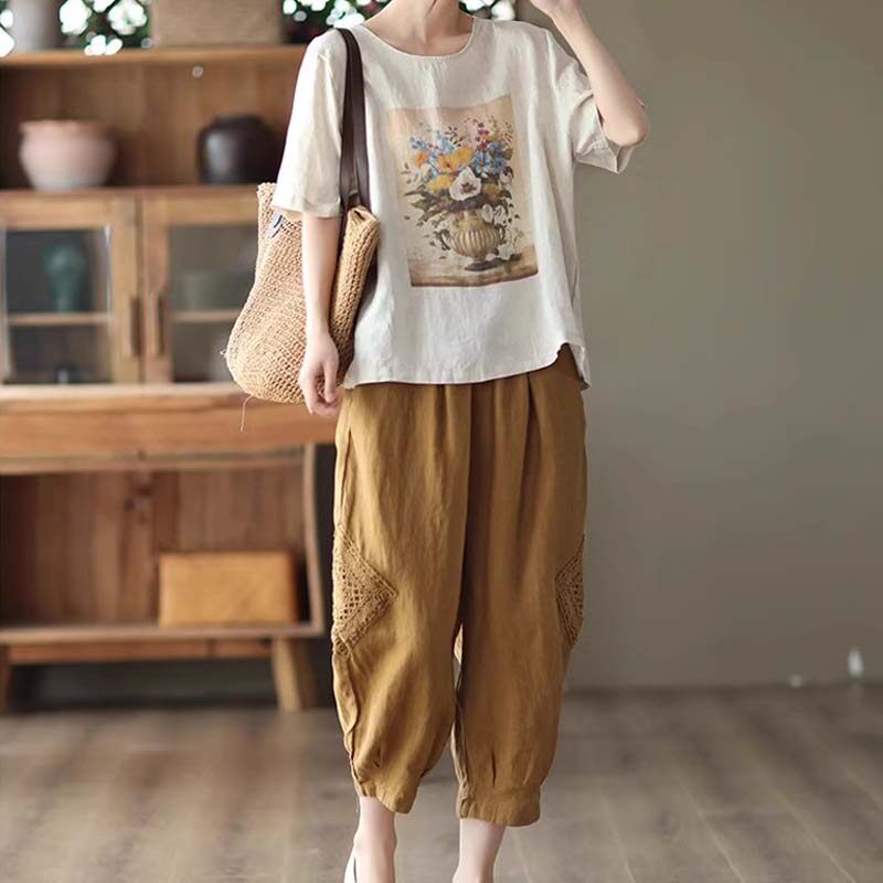 中老年亚麻复古休闲套装 宽松舒适两件套服装 民族风亚麻棉麻服饰