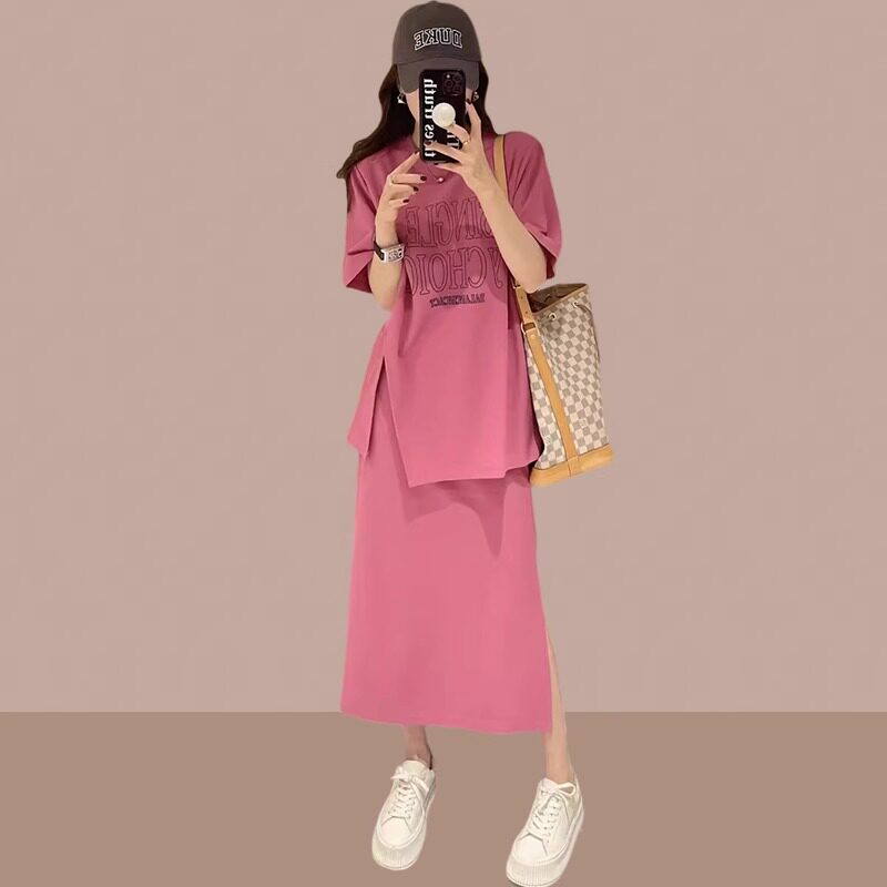 潮牌穿搭套装女夏季大码遮肉时尚减龄短袖T恤开叉半身裙子两件套