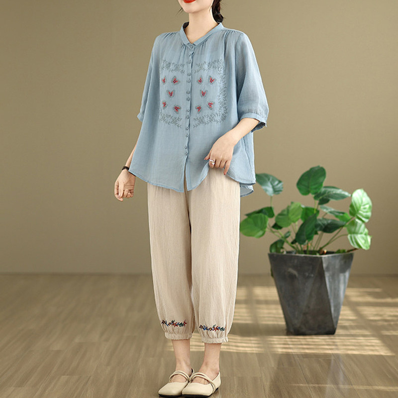 潮牌中老年人妈妈夏装套装2026女文艺复古洋气棉麻短袖衬衫两件套