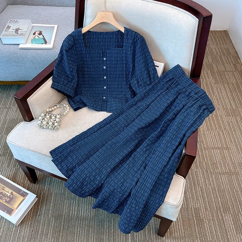 潮牌大码微胖妹妹显瘦小个子奶茶系遮肉穿搭配一整套装半身裙女夏