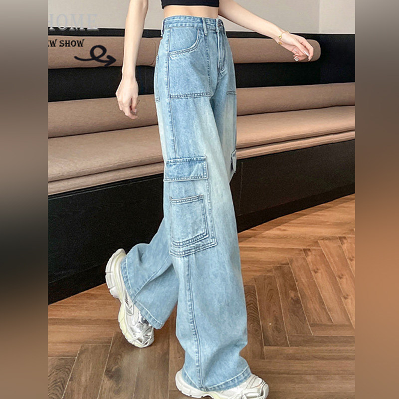 潮牌薄款工装阔腿牛仔裤女2026夏季新款宽松显瘦时尚高腰直筒裤子