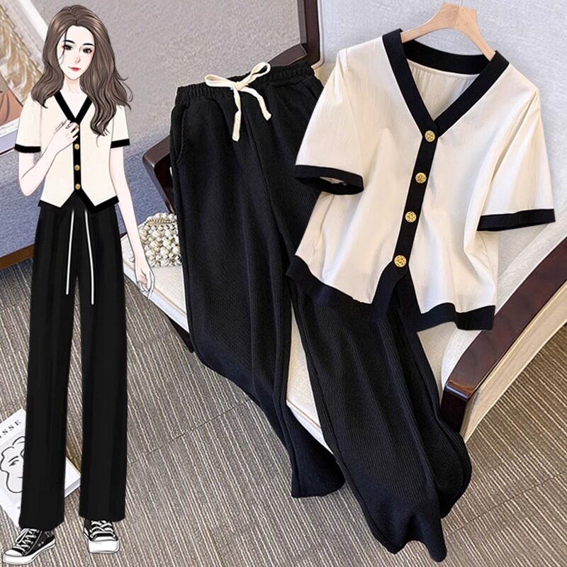 潮牌大码穿搭一整套女夏季微胖mm时尚减龄显瘦休闲阔腿裤两件套装