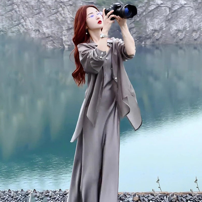 潮牌连衣裙女2026夏季新款防晒衬衫吊带裙搭配夏装一整套装长裙子