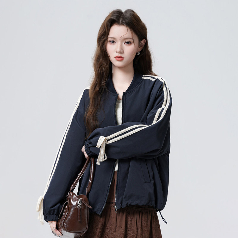 潮牌美式复古外套女款春秋季2026年新款蝴蝶结棒球服夹克开衫上衣